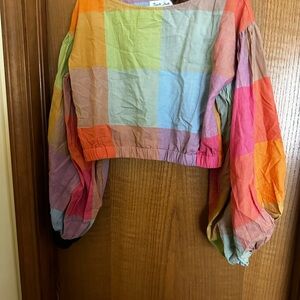Colorful Patchwork Blouse with Balloon Sleeves